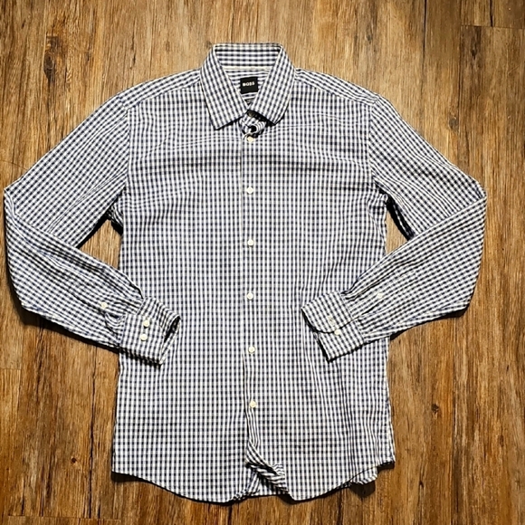 Mens Boss Hugo Boss Blue and White Checkered Slim Fit Long Sleeve Shirt Medium - Picture 1 of 6